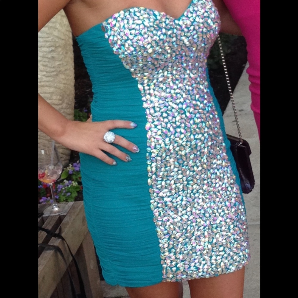 La Femme Teal Ab Crystal dress